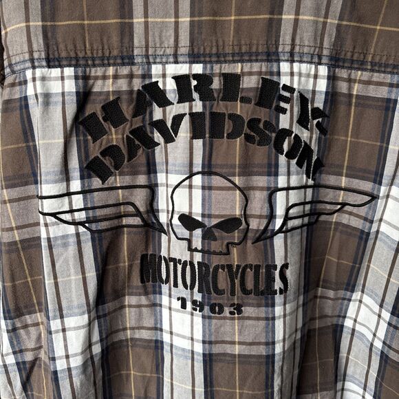 Harley Davidson Shirt Button Up Short Sleeve Brown Mechanic Biker Men's XL - Picture 8 of 8